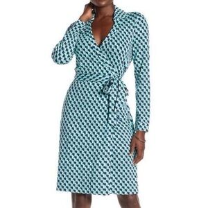Diane Von Furstenberg Teal and Navy Geometric Classic Wrap Jersey Dress